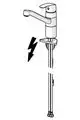 Einhebelmischer Küchenarmatur in Chrom von HANSA mit langen Rohren und einem nach außen gerichteten Auslauf. Grafische Darstellung mit Blitzsymbol.
